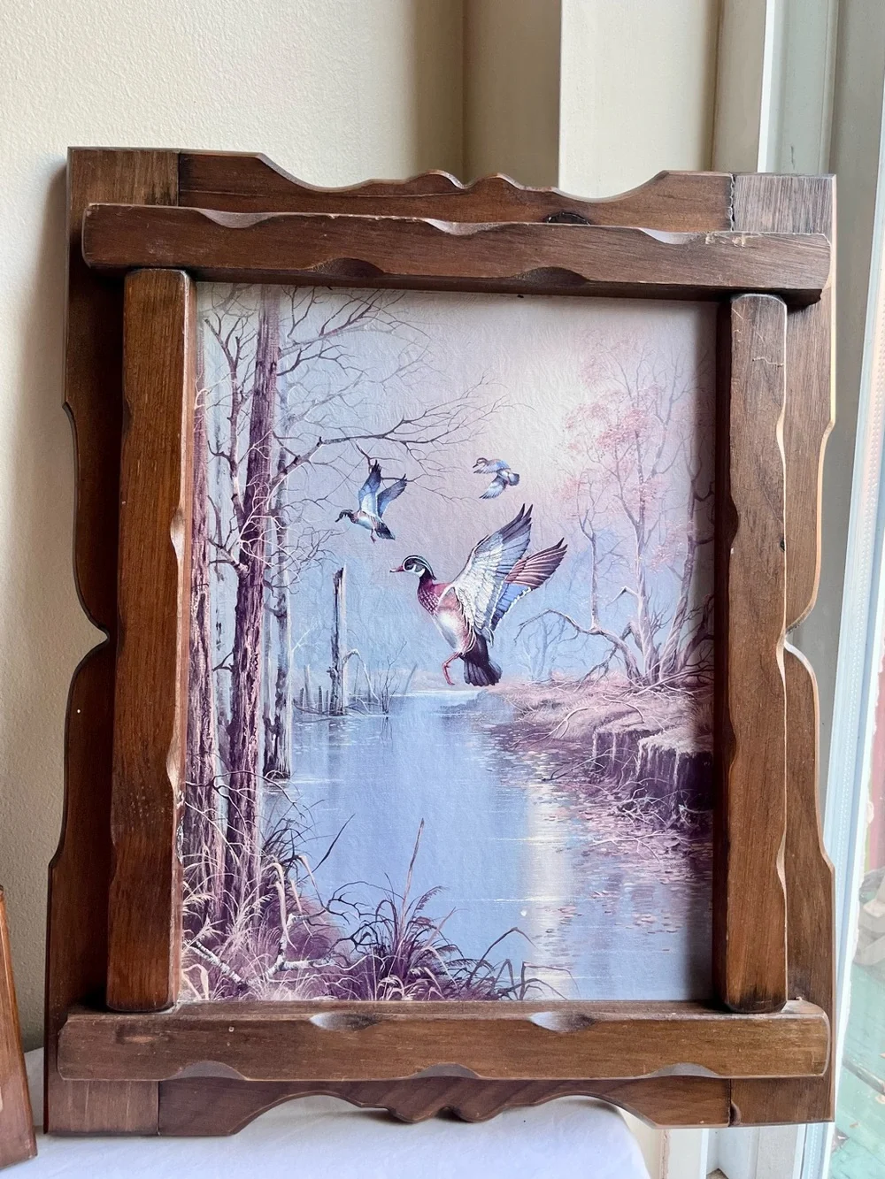Pair of Rustic Vintage Wood Framed Duck Print Wall Art – Lavender Blue